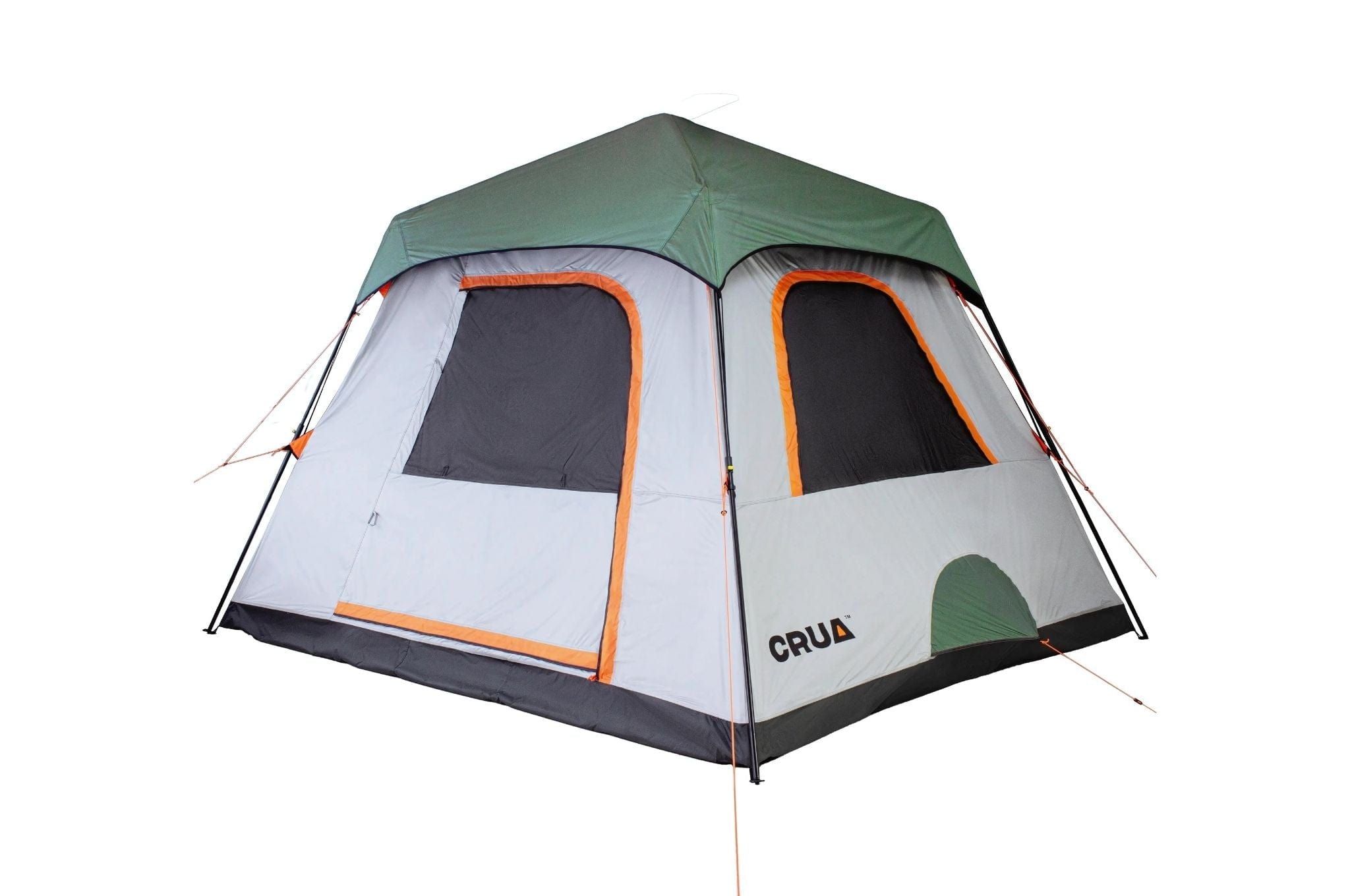 "Crua Noir 6 blackout tent shown at a 45-degree angle on a white background, highlighting its spacious design and durable structure."