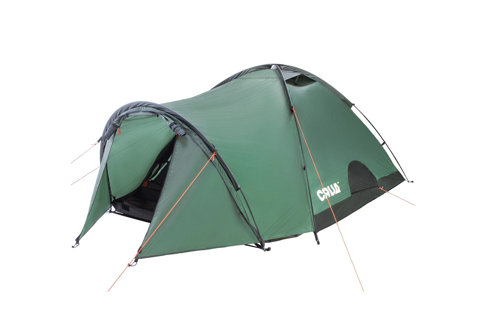 "Crua Duo GS Maxx 3-person green tent with open front door, showcasing spacious entrance and durable 5000mm HH waterproof fabric."