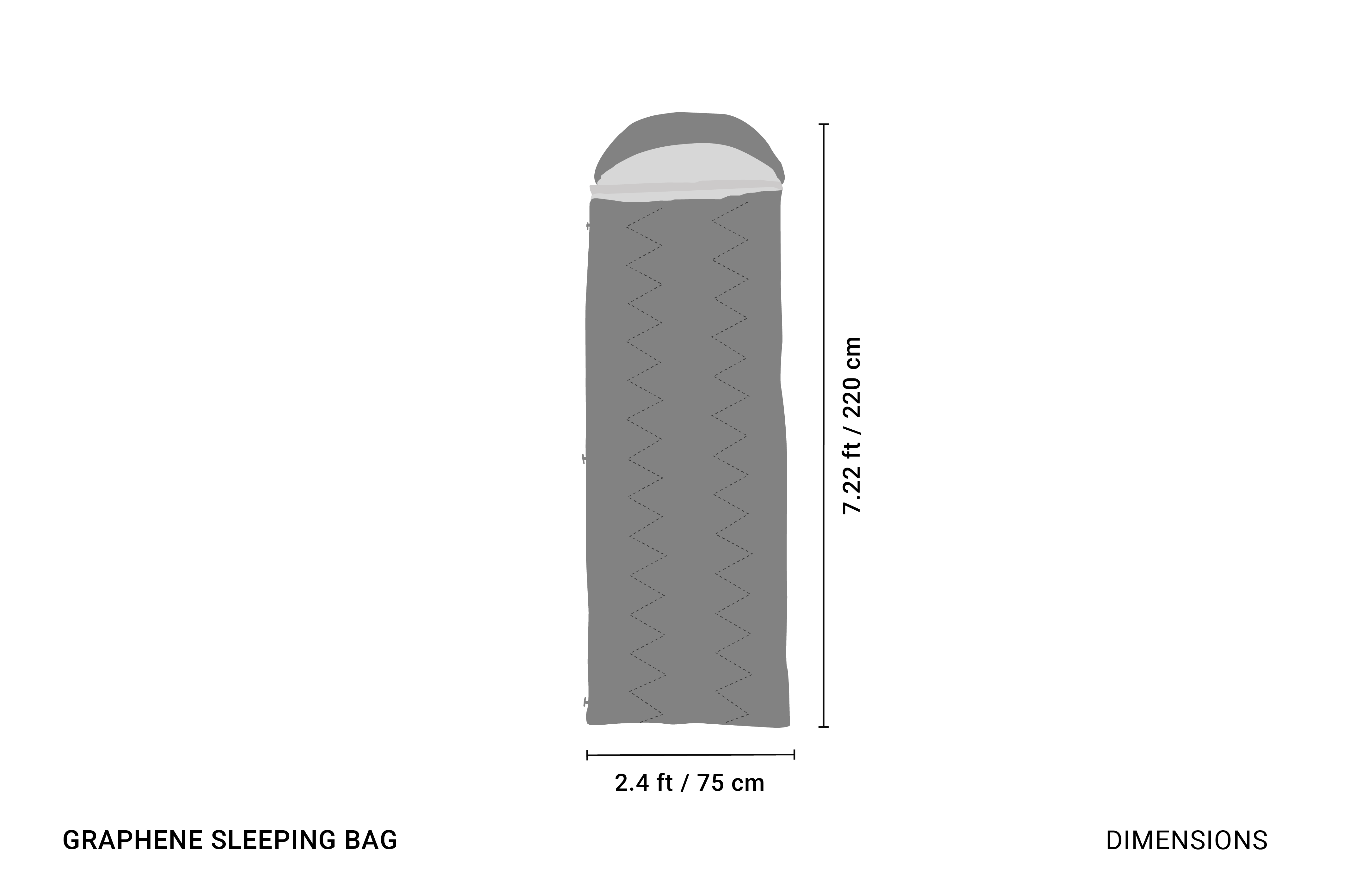 Graphical drawing of Crua Graphene Sleeping Bag dimensions.